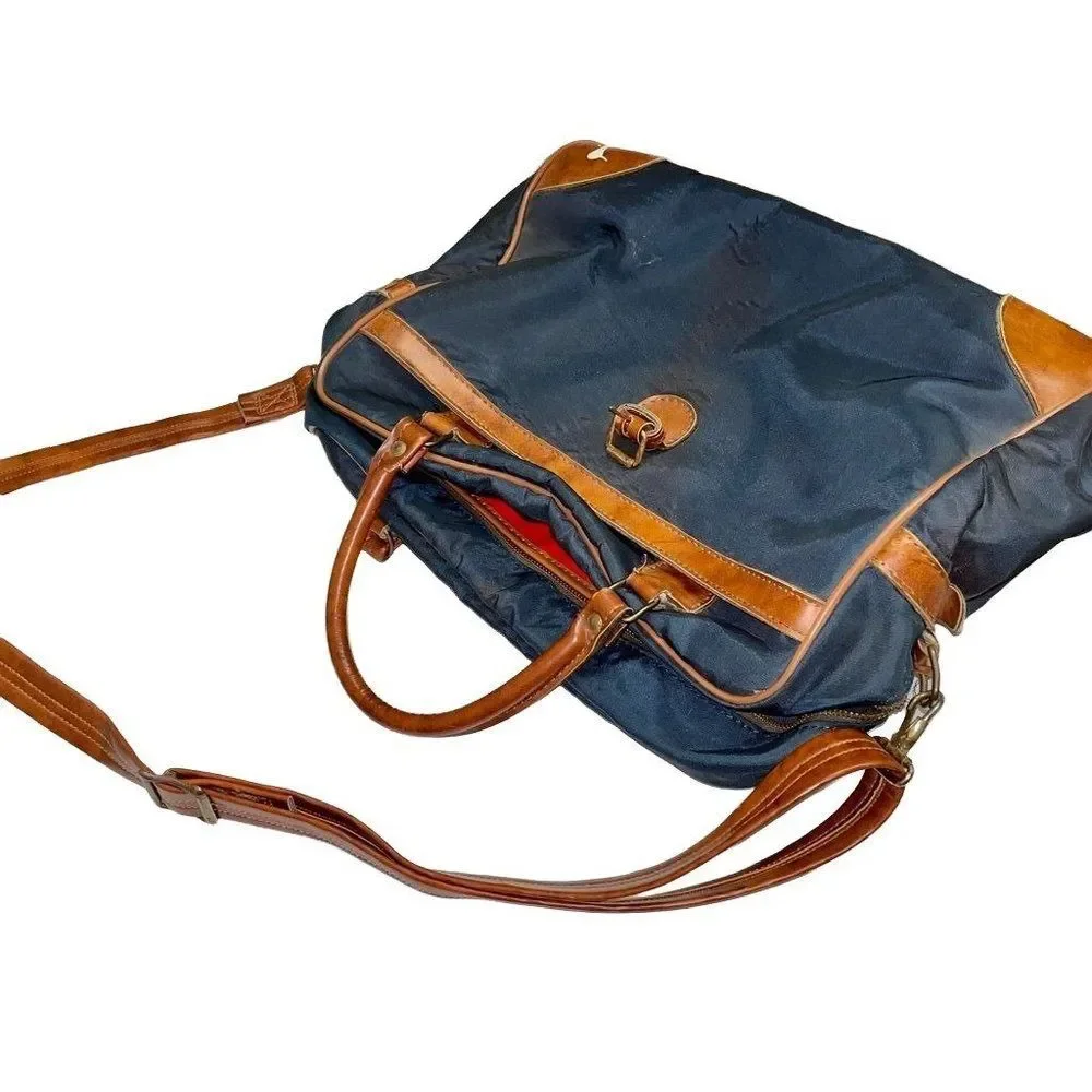 Vintage Overnight Bag canvas with leather trim navy and leather 17” x 11”